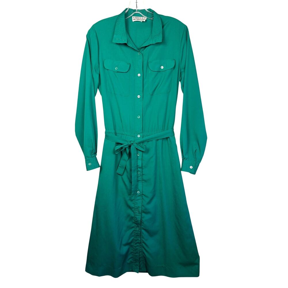 Vintage Frances Henaghan Emerald Green Shirt Dress Long Sleeve Midi Belted | 12